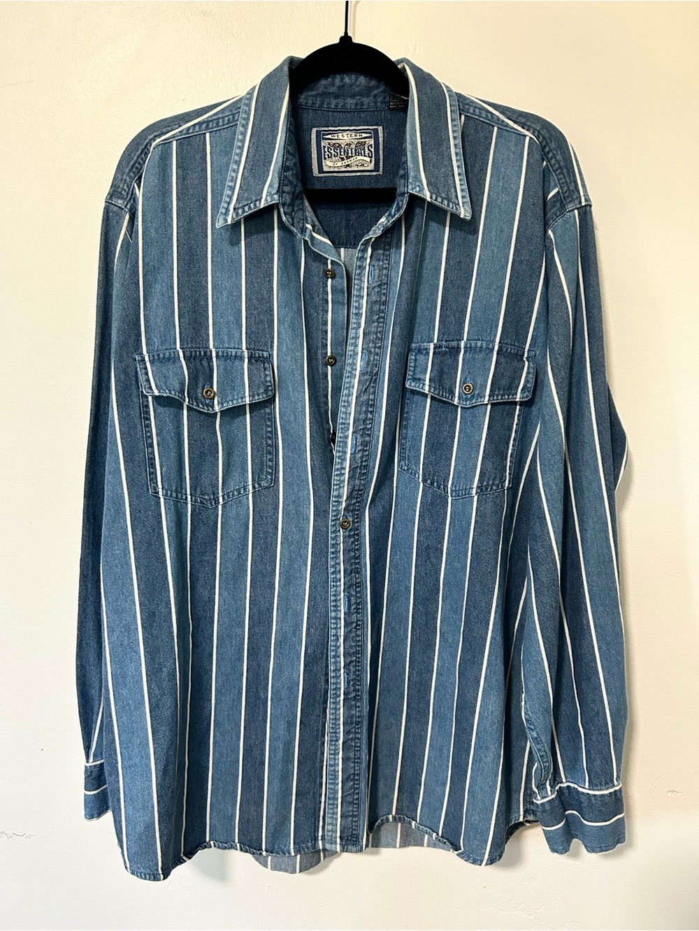 Vintage Western Essentials Denim Stripe Button Up Shirt Blue White Size Large - Picture 2 of 6